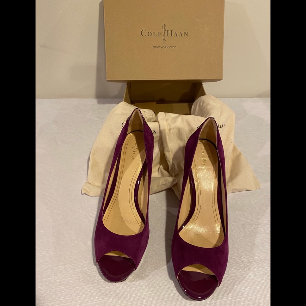 Cole Haan berry suede peep toe platforms